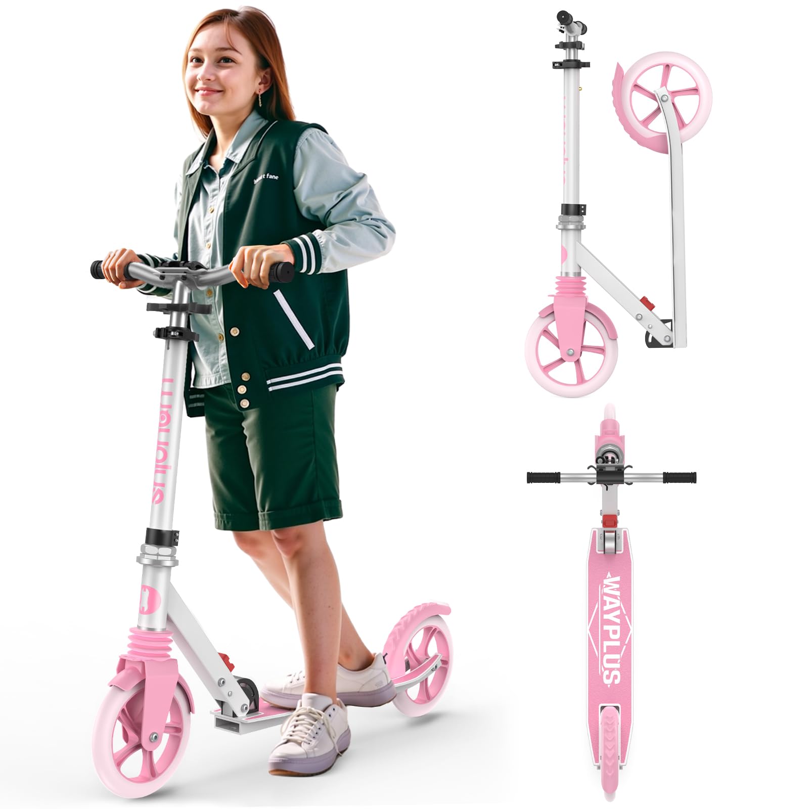 WAYPLUS Scooter for Kids, 4-Level Height Adjustable, Folds in One Second, Lean-to-Steer, 200mm Big Wheels, Holds up to 108kg, 2 Wheels Scooters, Ideal for Ages 6+ (Pink-1)