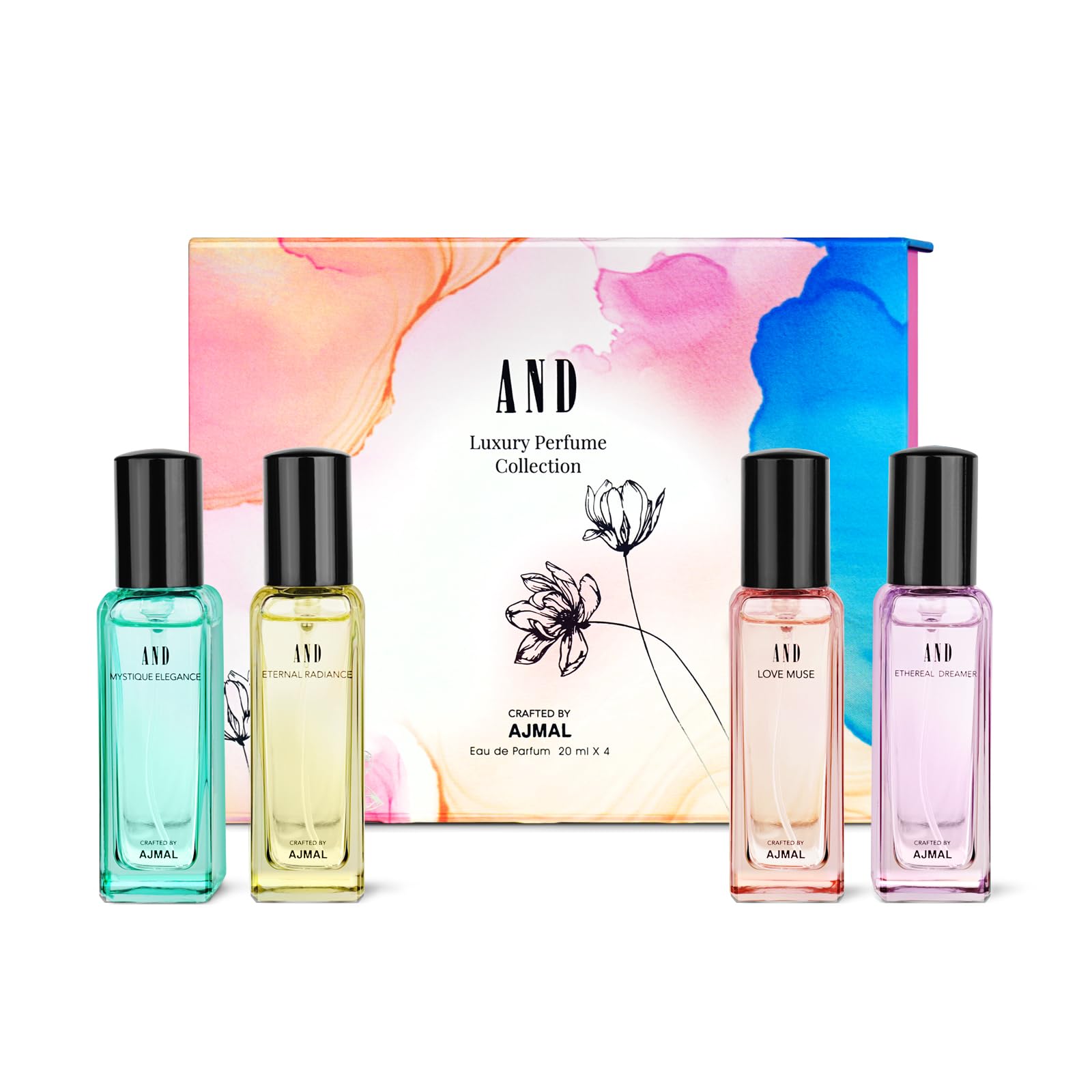 AND EDP Gift Set for Women with Ethereal Dreamer, Love Muse, Eternal Radiance & Mystique Elegance Refreshing Fruity & Floral |Long Lasting Fragrance (Pack of 4) of 20ml Each crafted by Ajmal-image-23
