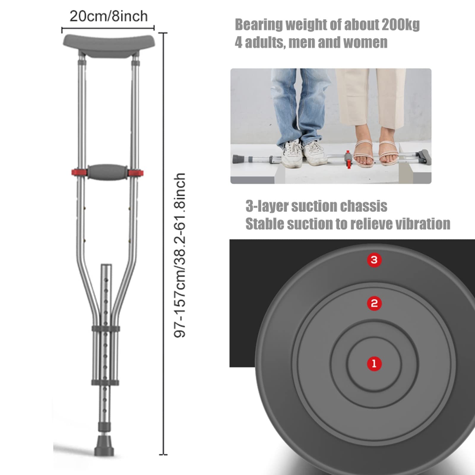 Muletas Ajustables para Adultos para Caminar, Muletas Médicas Plegables de Aluminio con Cómoda Almohadilla para Las Axilas Y Empuñadura, Pack de 2