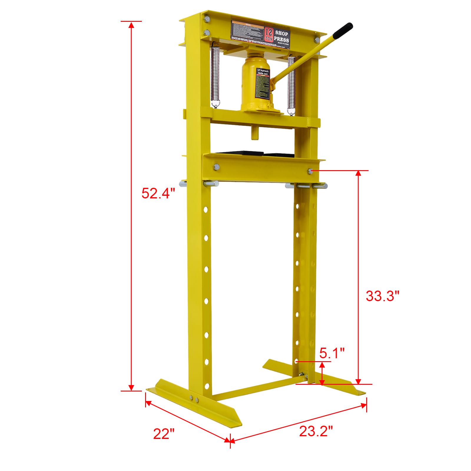 12-Ton Hydraulic Shop Press,H-Frame Floor Mount Hydraulic Press,for Car Repair and Garage,Bending,Straightening,Pressing Parts,Installing Bearings,U-Joints,Bushings,Ball Joints & Pulleys,Yellow