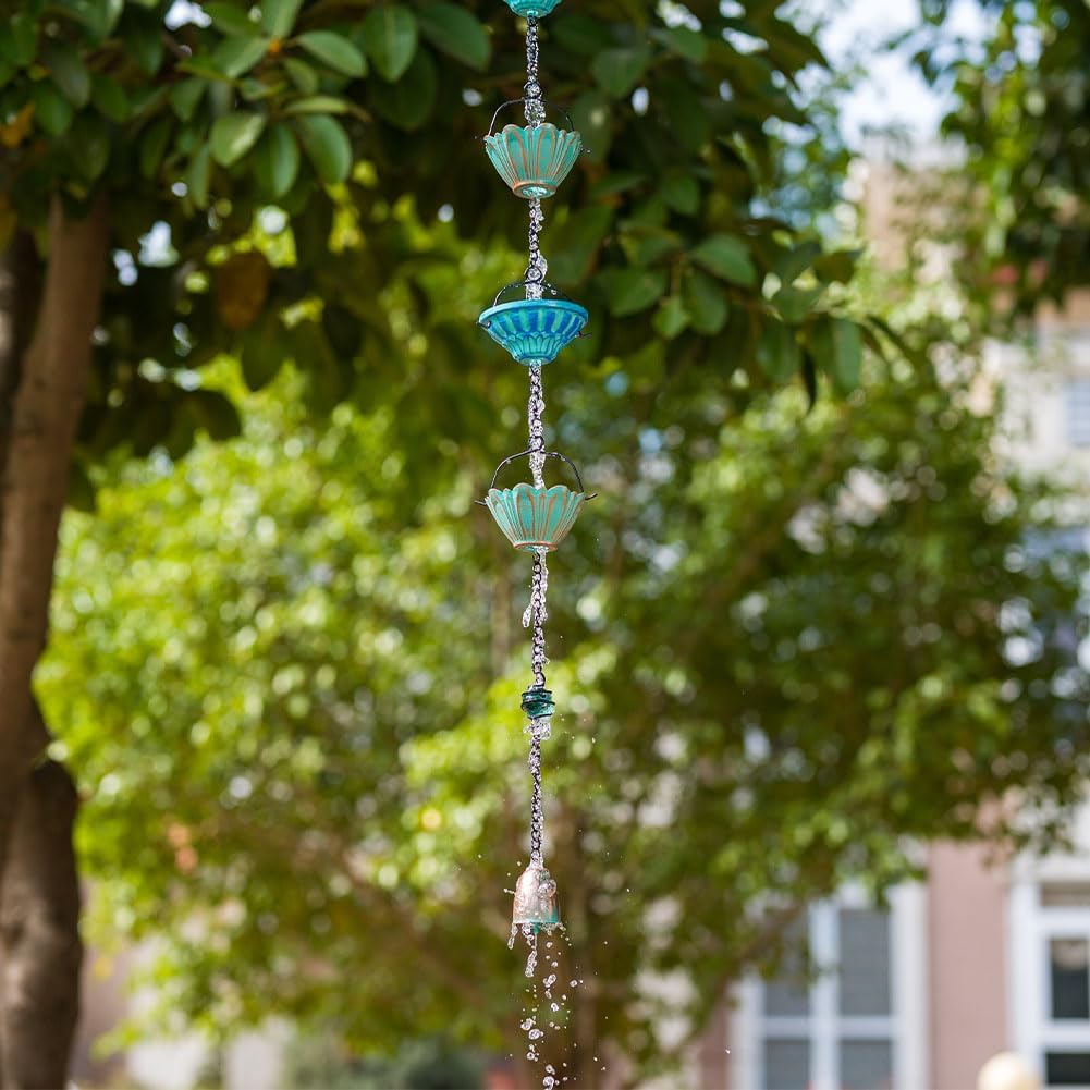 dreamysoul Rain Chains for Outside, 10 FT Lotus Decorative Rain Catcher Chains with 16 Cups, Replacement for Downspout Gutters, Eaves, Drainage