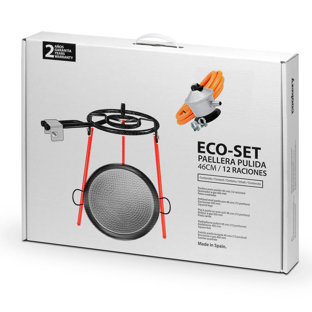 Genérico Set Paella completo. Paellero 40 cms + Paellera acero 46 cms + Soporte patas + kit toma de Gas. Piña+manguera+bridas. Solo faltan los ingredientes!!