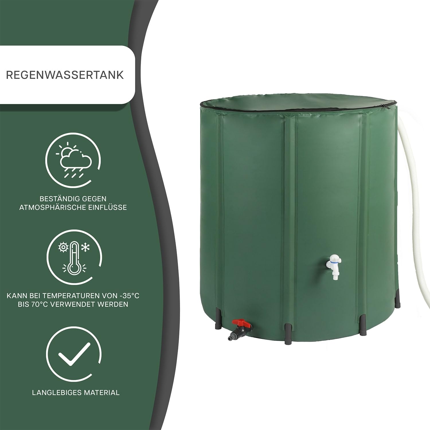 Faltbare Regentonne 380 Liter - Regenfass mit Oberem Wasserhahn und Unterem Ablauf - Regentank Garten - Regenwasserbehälter Wetterfest