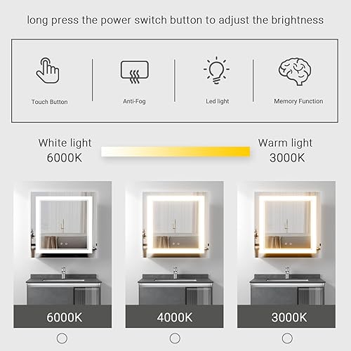 Miniatura 4 de Espejo de baño LED de 32 x 32 pulgadas con luces, espejo LED para baño, iluminado, antivaho, regulable ajustable, 3 colores, verticalhorizontal,