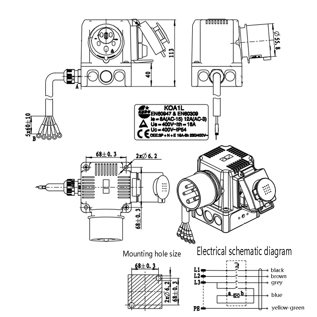 Interruptor electromagnético impermeable KEDU Combinación interruptor-enchufe europeo Interruptor de botón de parada de emergencia industrial trifásico KOA1L 8A (AC-15) 12A (AC-3) AC 400V IP54 CE