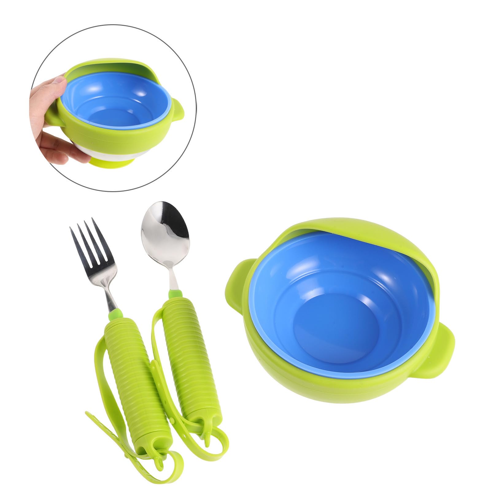 IMIKEYA Juego de Utensilios Antivibración para Personas Mayores Temblores, Cuenco Antiderrame Irrompible Verde y Diseño Adaptativo para Entrenamiento y Alimentación Asistida