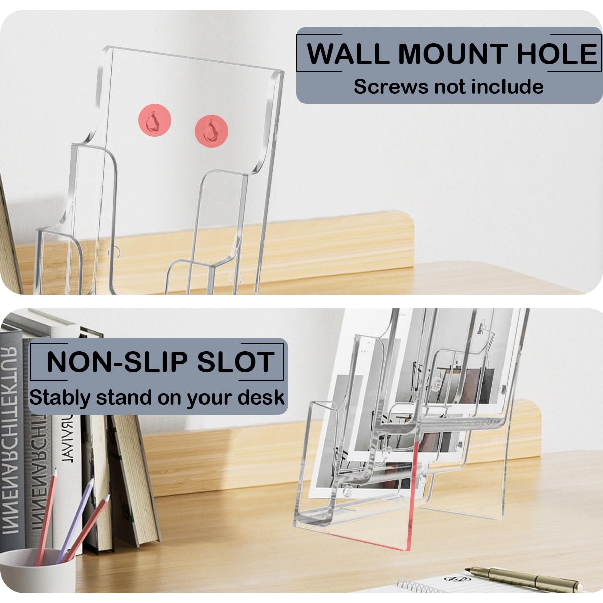 2 supporti per brochure in acrilico, 4 ripiani, 16,5 x 25,4 cm, trasparenti, per volantini, opuscoli, supporto per letteratura da parete e bancone.