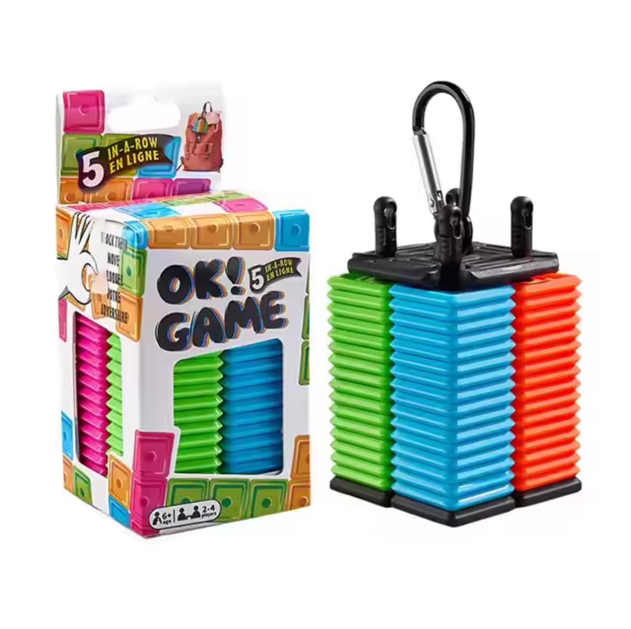 Sarav Group Toys OK! Game 5-in-a-Row Strategy Travel Game, Colorful Stacking Puzzle Game for 2-4 Players, Family Party Game with 64 Pieces