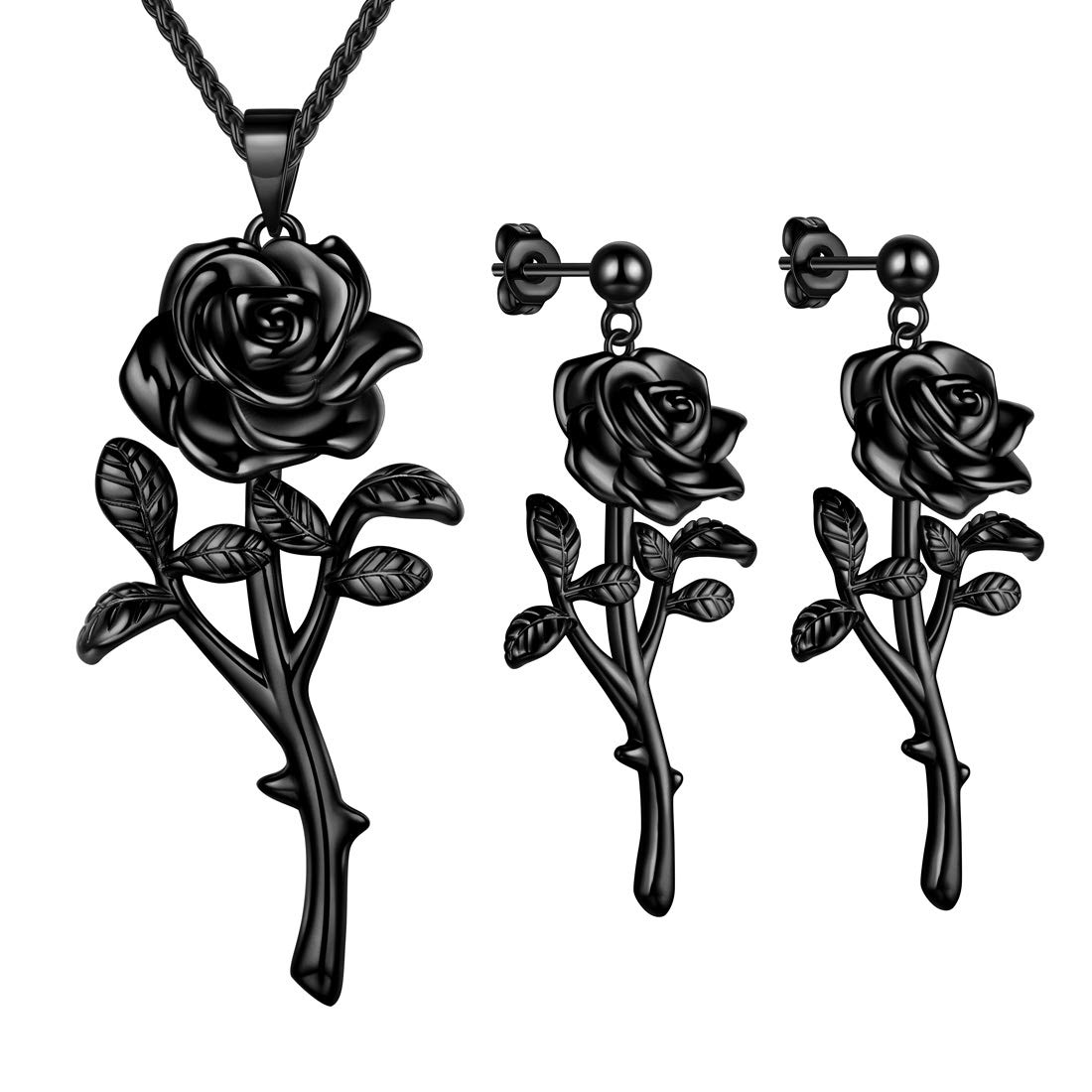 beautlaceRose Necklaces/Adjustable Rings Silver/18K Gold/Black Gun Plated Flower Pendant/Open Ring Elegant Jewelry Gifts for Women