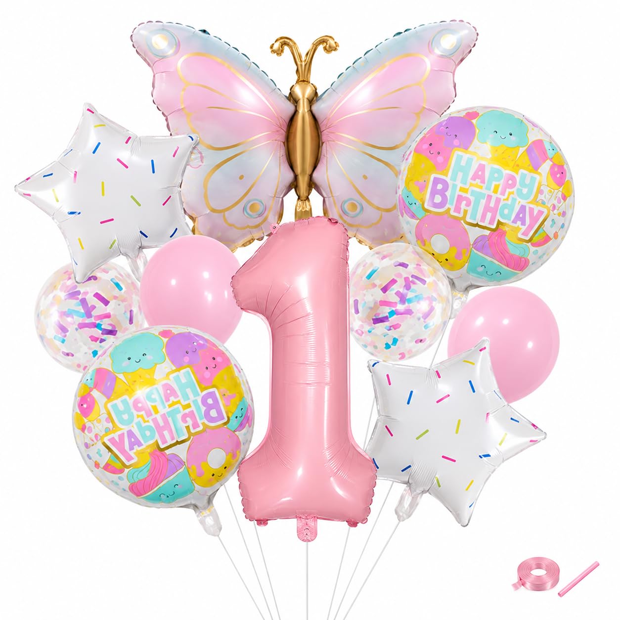 1st Birthday Balloon Set for Girls, 10 Pink Number 1 & Butterfly Balloons