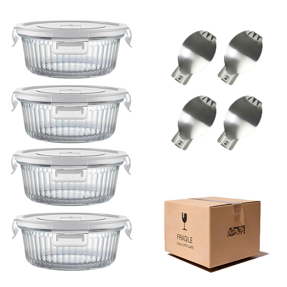 H.JSS WDJS 370ml Round Glass Food Storage Containers with Lids and spoons, Small Glass Soup Container Set, BPA free Food bowls for Lunch and Microwave, Freezer, Dishwasher safe (4Pack)