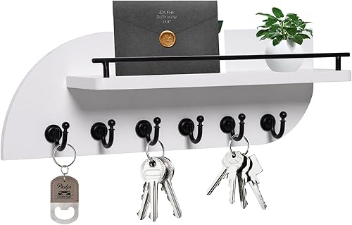 Miniatura 1 de Soporte para llaves de pared, organizador decorativo de llaves y correo con 6 ganchos de metal resistentes y estante flotante, estante de madera de