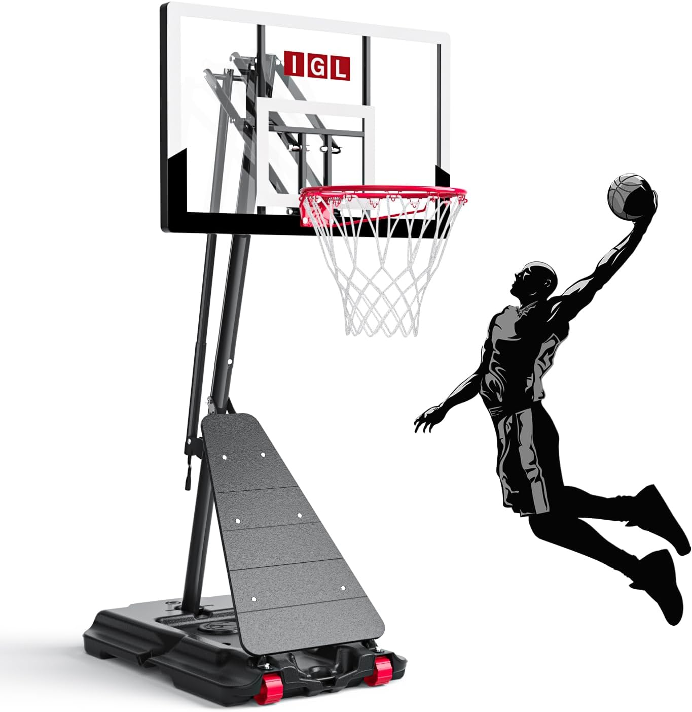IGL Portable Basketball Hoop Outdoor, 40/44/48 Inch PC Backboard, 5.5–10 FT Height Adjustable Basketball Goal System, Stable Angled Pole, Fillable Base with Wheels for Kids, Youth & Family