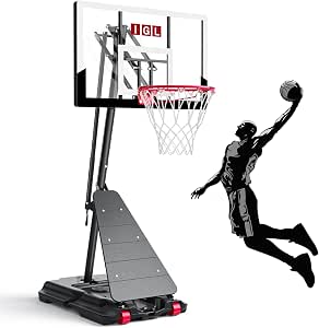 IGL Portable Basketball Hoop Outdoor, 44-Inch Backboard, Height Adjustable from 5.3 to 10 Feet, Fillable Base with Wheels