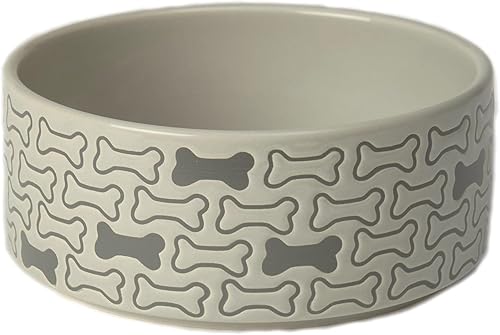 PetRageous 18429 Bones - Cuenco redondo de cerámica para perros, 6 pulgadas de ancho y 2.5 pulgadas de alto, capacidad de 3.5 tazas, color gris