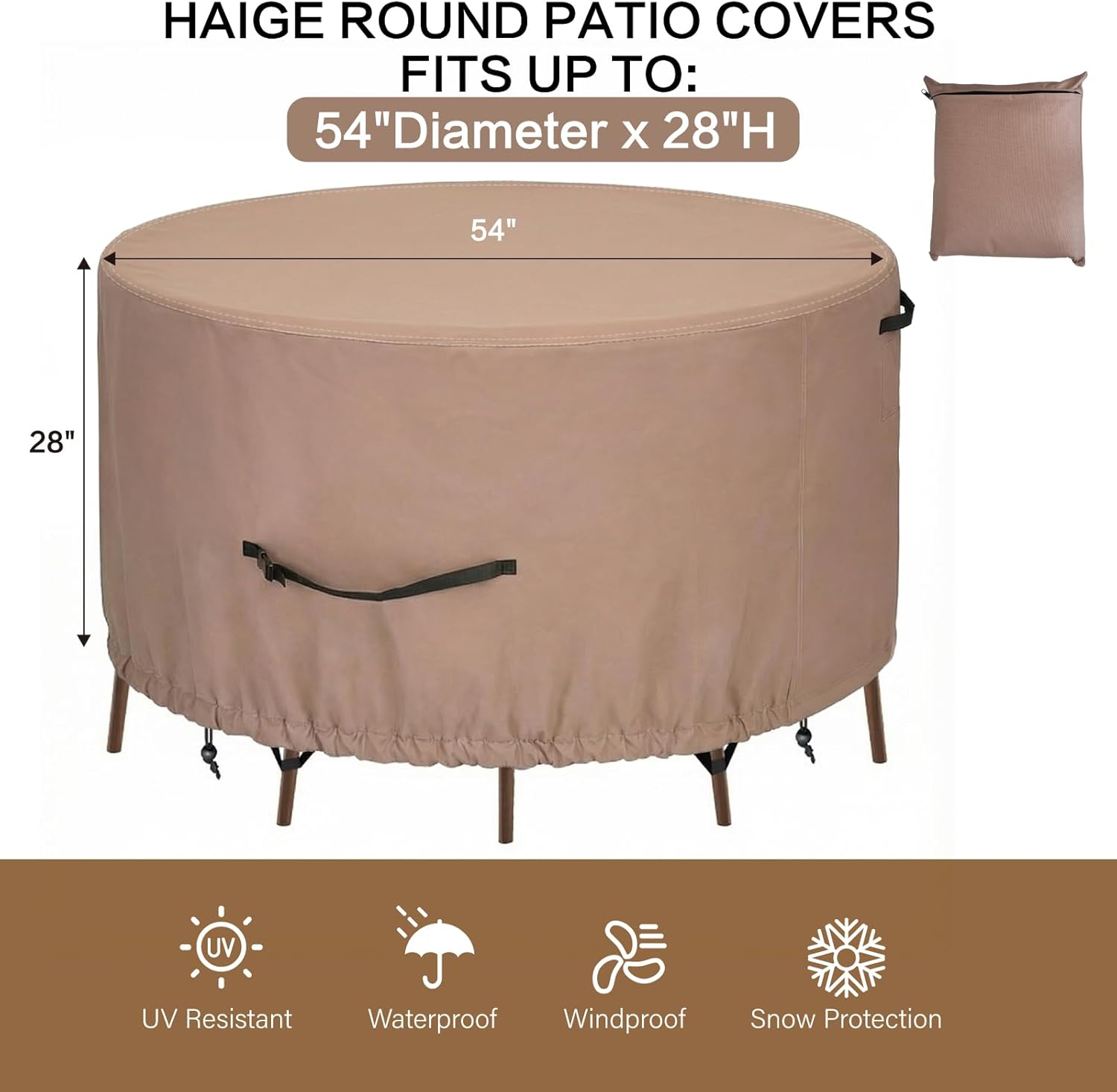 Haige Round Patio Furniture Cover 54" Dia x 28" H, Waterproof 600D Outdoor Table Covers Round, Heavy Duty Patio Table and Chair Cover, Windproof with Buckles & Air Vents, Brown