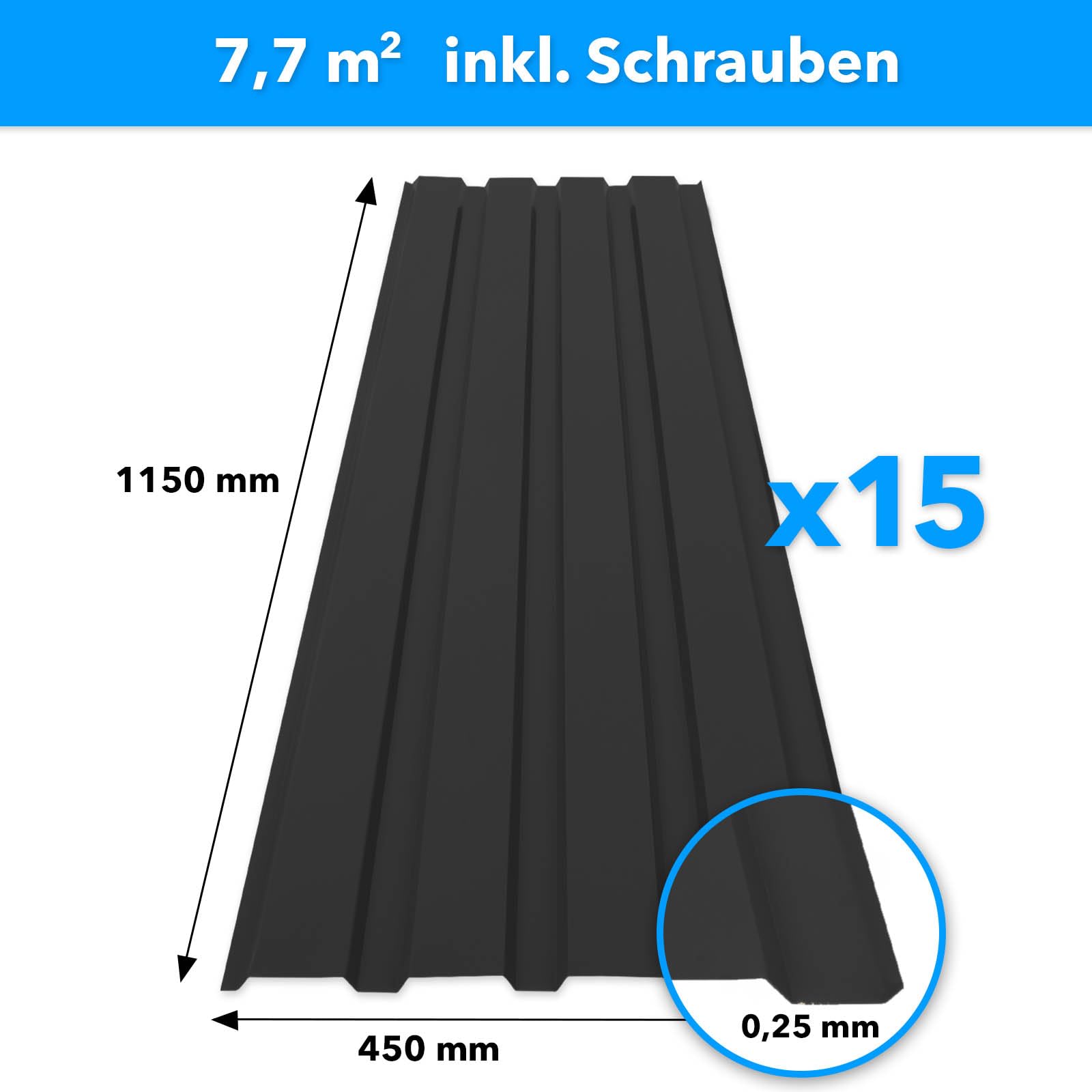 KARAT - 15 piezas de chapa trapezoidal de 115 x 45 cm - Juego de perfilada con tornillos - 7,7 m² - Grosor 0,25 mm - Chapa de techo de acero - Revestimiento de pared (Negro)