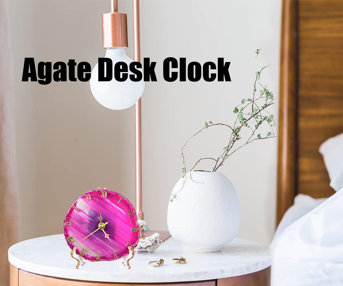 JIC Gem Agate Clock Crystal Desk & Shelf Clocks Home Decor (Pink)