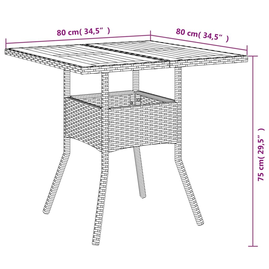 vidaXL Stół ogrodowy z akacjowym blatem, czarny, 80x80x75cm, rattan PE