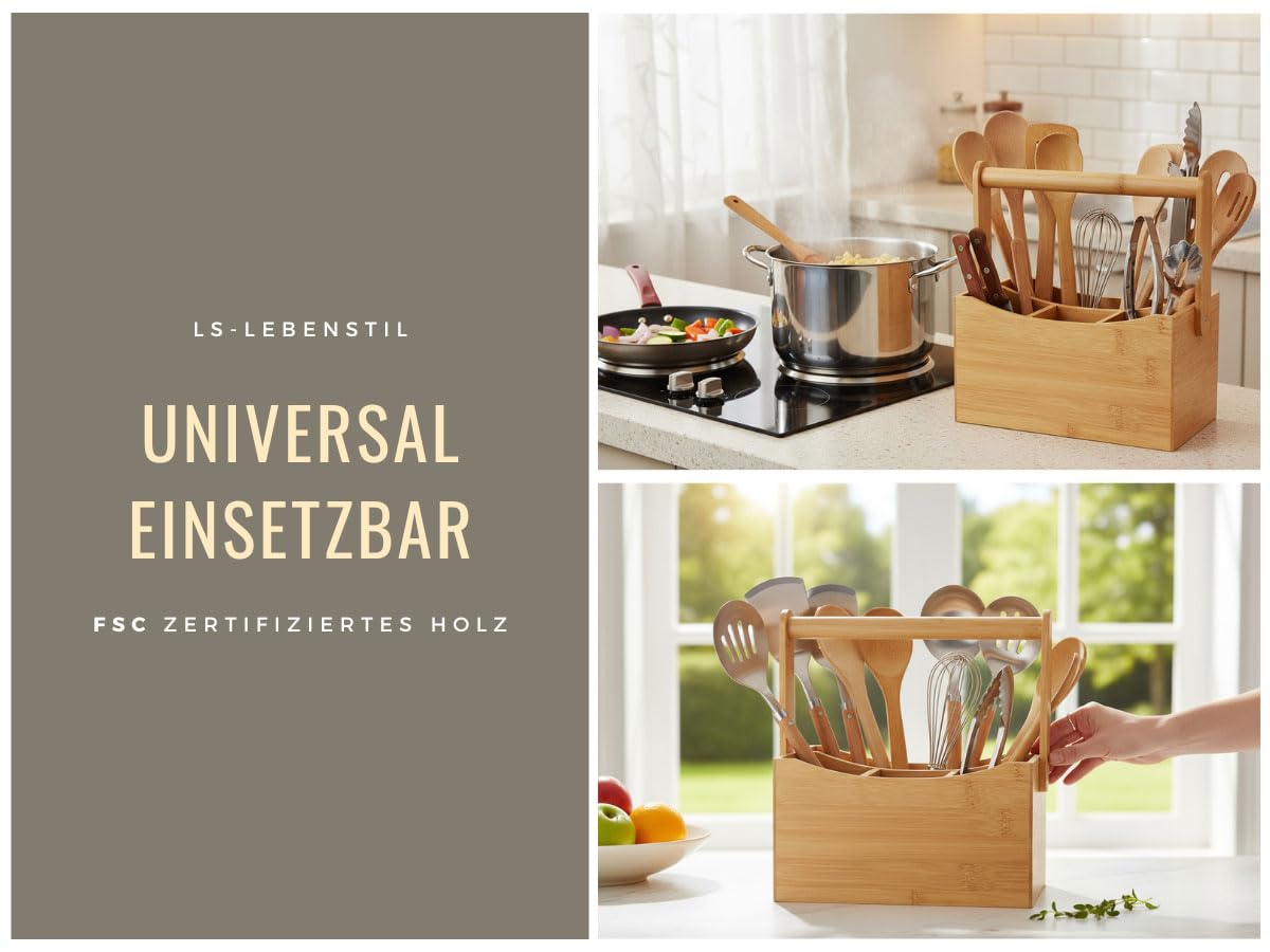 LS-LebenStil Holz Besteckkorb Kampen 4-Fächer 22cm Rechteckig mit Griff Cutlery Utensilo Küche Utensilienhalter Organizer Besteckkasten Besteckständer Besteckbehälter Besteckhalter Stiftebox