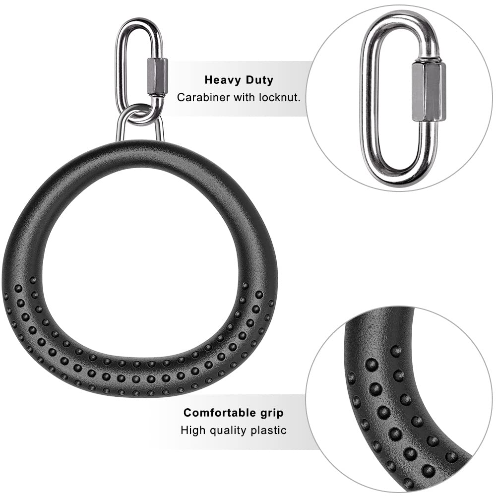 Dolibest 2PCS Round Trapeze Swing Bar Rings with Carabiners, Swingset Accessories Outdoor for Ninja Swing Set Accessories Monkey Ring, Obstacle Ring Swing Toys Set for Kids Black