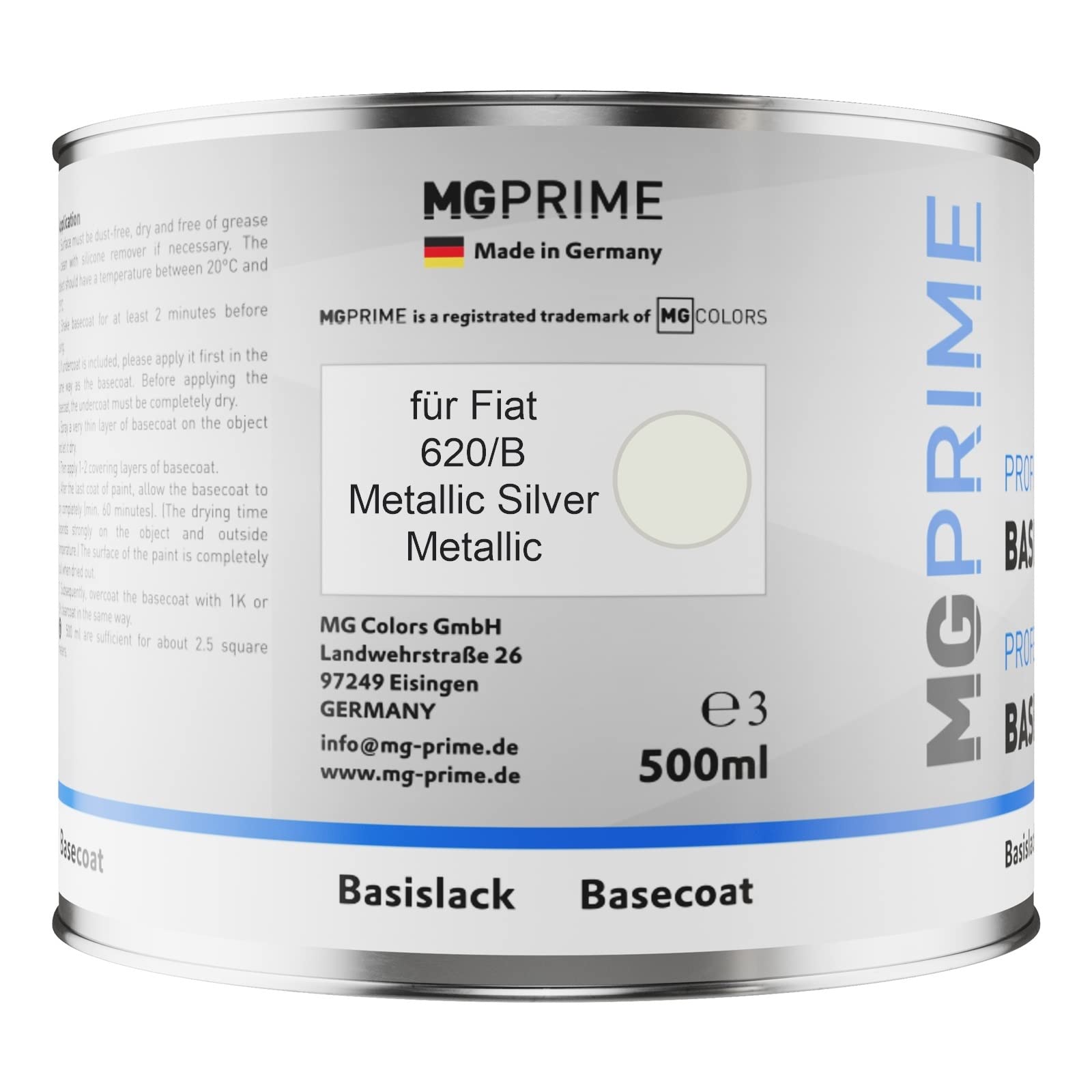 MG PRIME Vernice per auto Barattoli per Fiat 620/B Metallic Silver M. 1,25L | Metallic Silver Metallic, Kit vernice di base + trasparente 2K + indurente, pronto all'uso