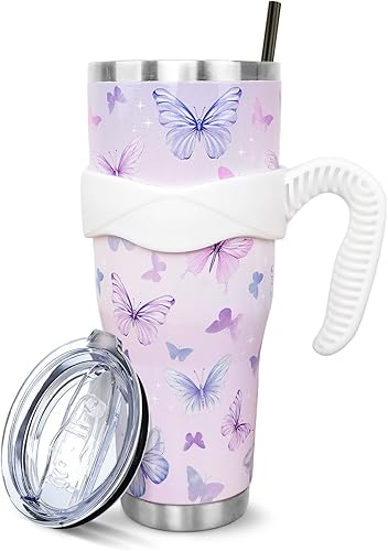 Vaso de mariposa de 40 onzas con asa y pajita, vaso aislado al vacío de acero inoxidable con diseño de mariposa morada, taza de café, botella de