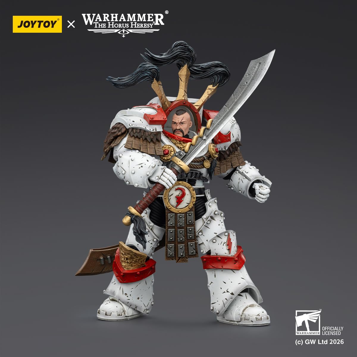 TOYVERSE JOYTOY Warhammer White Scars Praetor in Cataphractii Terminator zbroja z cyber jastrząbem, mieczem chogoriańskim i Combi Melta 1/18 model postaci z ruchomymi przegubami, figurka 15+