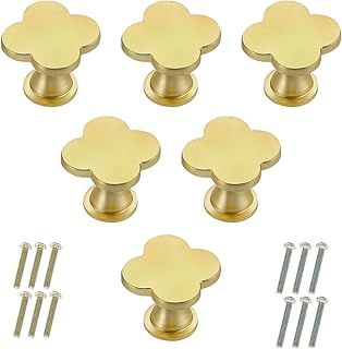 YYMSEN 6 Pcs Four-Leaf Clover Handle Brass Clover Four-Leaf Clover Knob, Gold Cabinet Knobs Decorated for Kitchen Drawer Dresser Single Hole Door Handle (Golden Four-Leaf Clover)