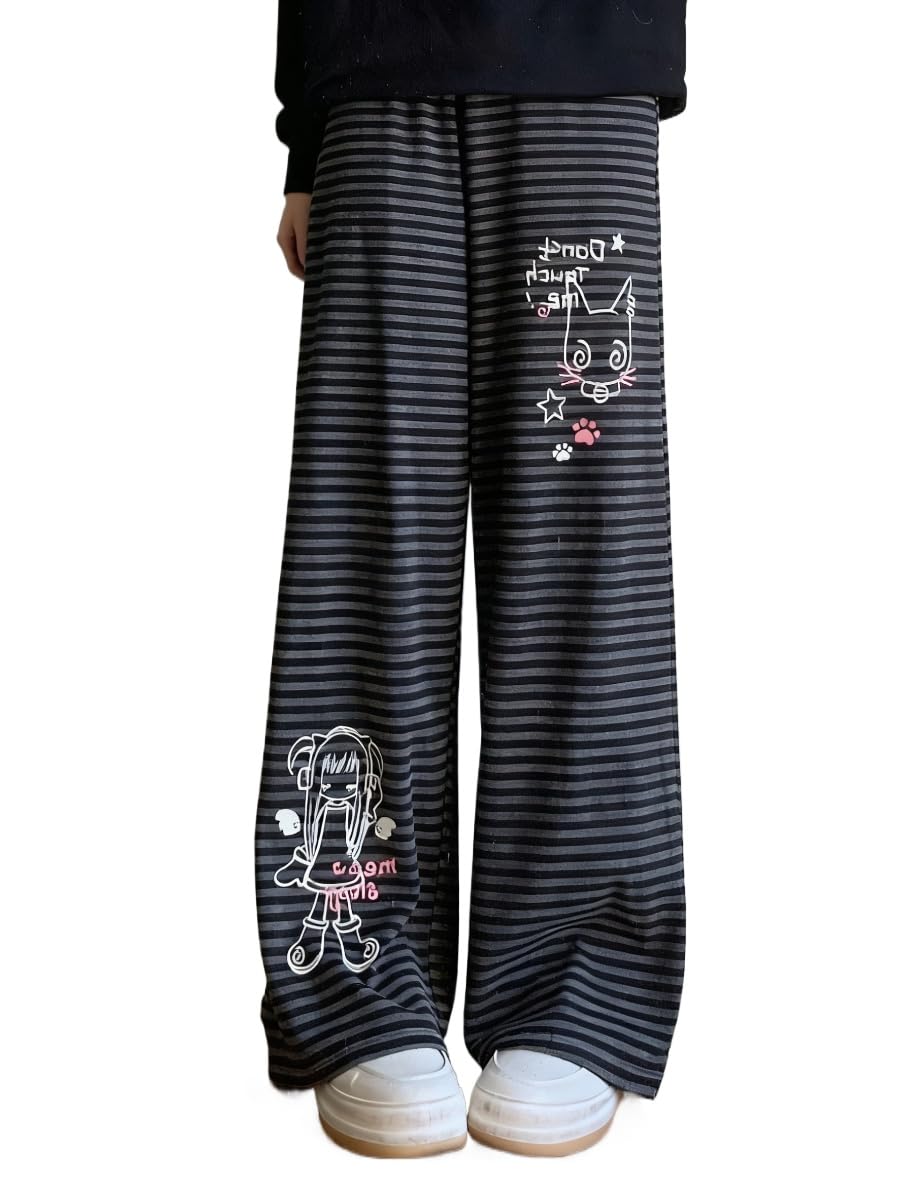 Womens Kawaii Cat Anime Print Sweatpants Y2k Vintage Striped Baggy Straight Wide Leg Pants Harajuku Casual Streetwear