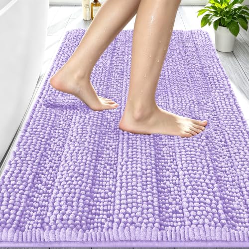Image of Smiry Thick Chenille Bathroom Rugs 30x20, Soft Absorbent Bath Mat, Lavender | Quick‑Dry & Machine Washable, Non‑Slip Bath Carpet, Striped Bath Rugs for Tub & Shower, Modern Home Decor Accessories