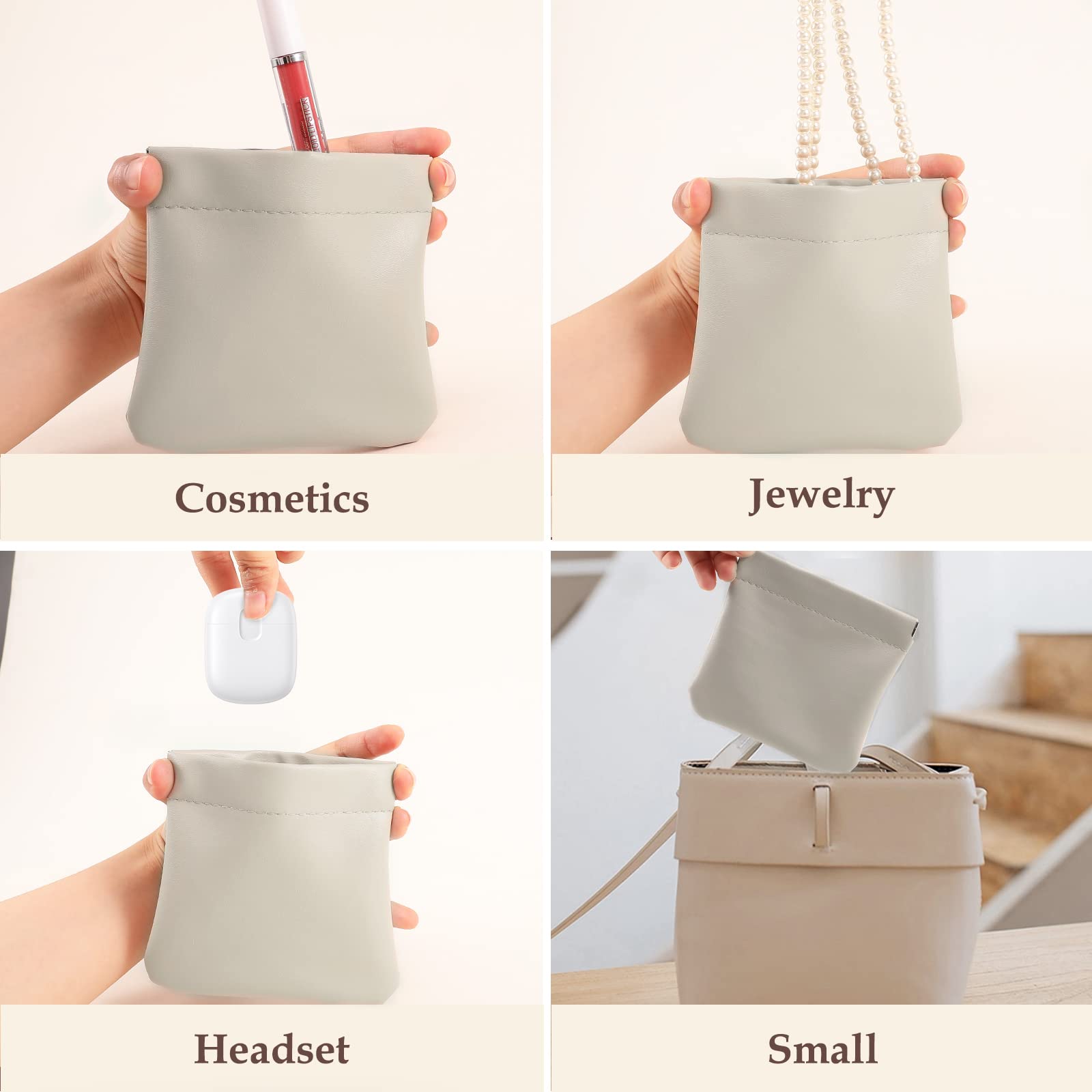 Boobeen Pocket Cosmetic Bag Portable Squeeze Top Pocket Makeup Bag No Zipper Makeup Bags Purse for Women Waterproof Cute Mini Multifunctional Travel Storage Bag, for Cosmetics Jewelry Headphones 4