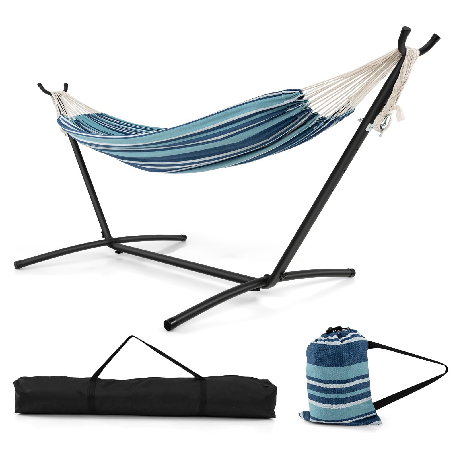 Giantex Hammock with Stand for Outside, 2-Person Double Hammock with Space Saving Metal Stand, Carrying Cases, Brazilian-Style Portable Hammock for Patio Garden Camping Lounging Outdoor & Indoor, Blue