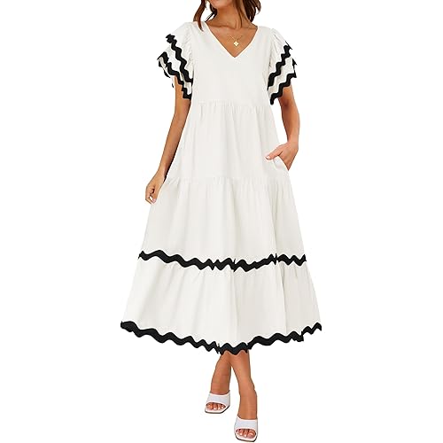 ZESICA Womens 2024 Summer Casual Midi Dresses V Neck Flutter Short Sleeve Ruffle Tiered A Line Flowy Beach Long Dress