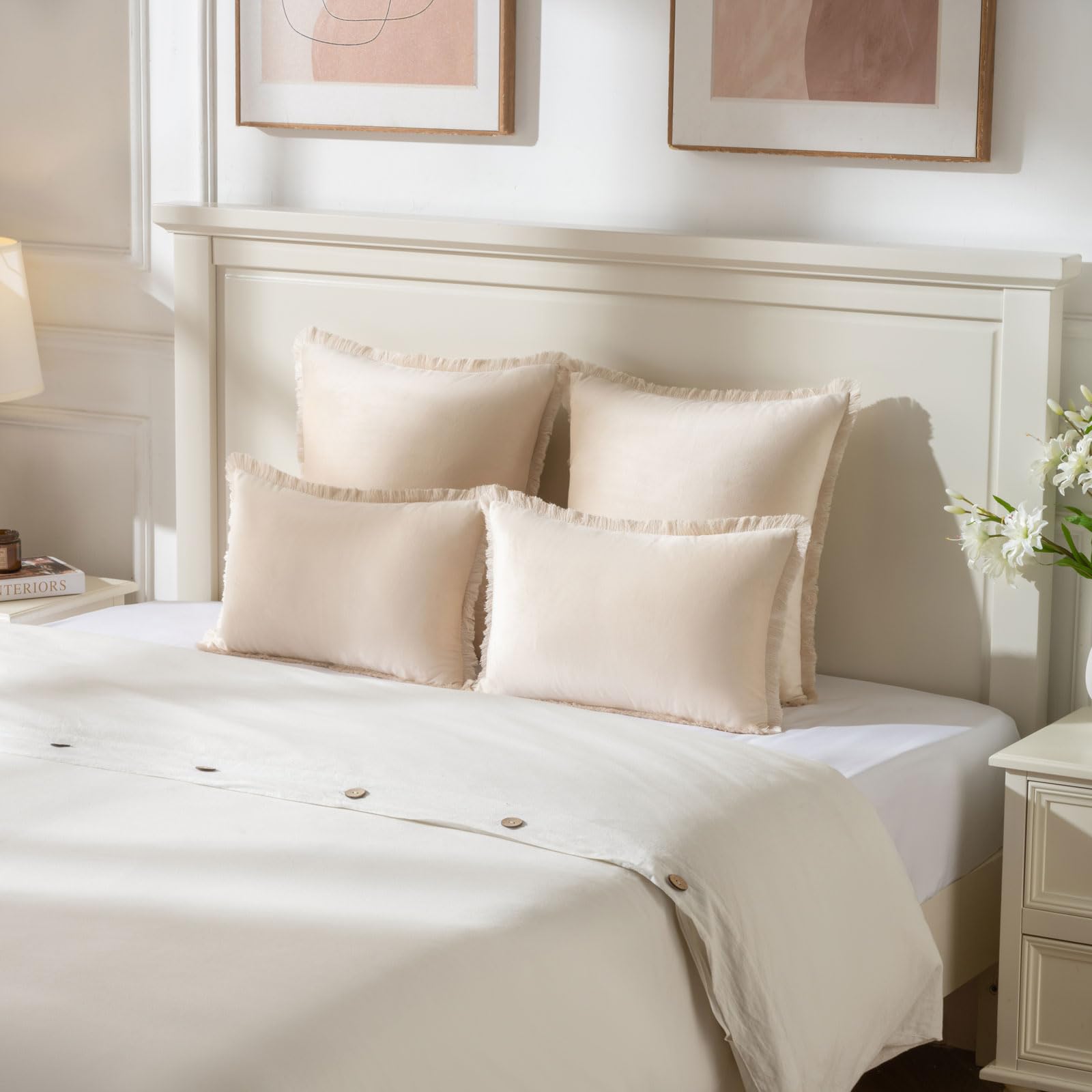 FUTEI Set di 2 federe decorative in velluto beige, 61 x 61 cm, morbide e accoglienti, con nappe, stile europeo, stile bohémien, decorazione per la casa per divano, letto, soggiorno