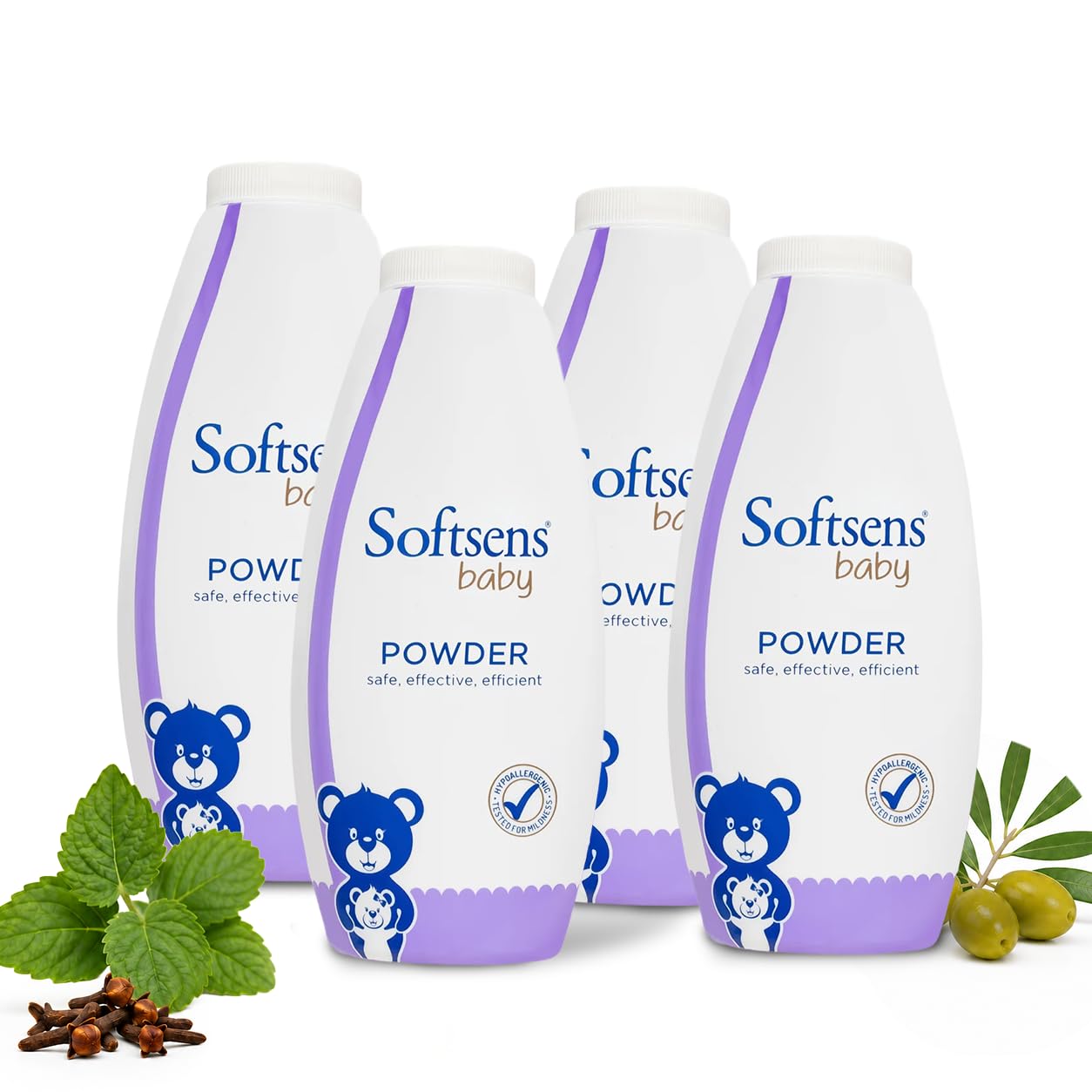 Softsens Baby Powder 200g each (Pack of 4 x 200g) | Ideal For New Borns and Infants | Mild Scent with Clove Leaf Oil | Absorbs Excess Moisture, Reduces Chafing | Dermatalogically Tested & Paraben, SLS & SLES Fre