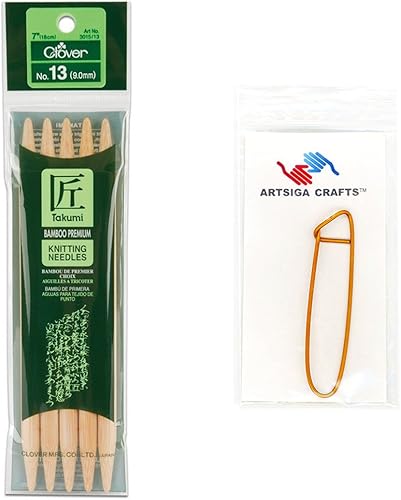Clover Needlecraft Takumi - Agujas de tejer de bambú de doble punto de 7 pulgadas, 5paquete de 130.354 in, paquete con 1 soporte para puntadas