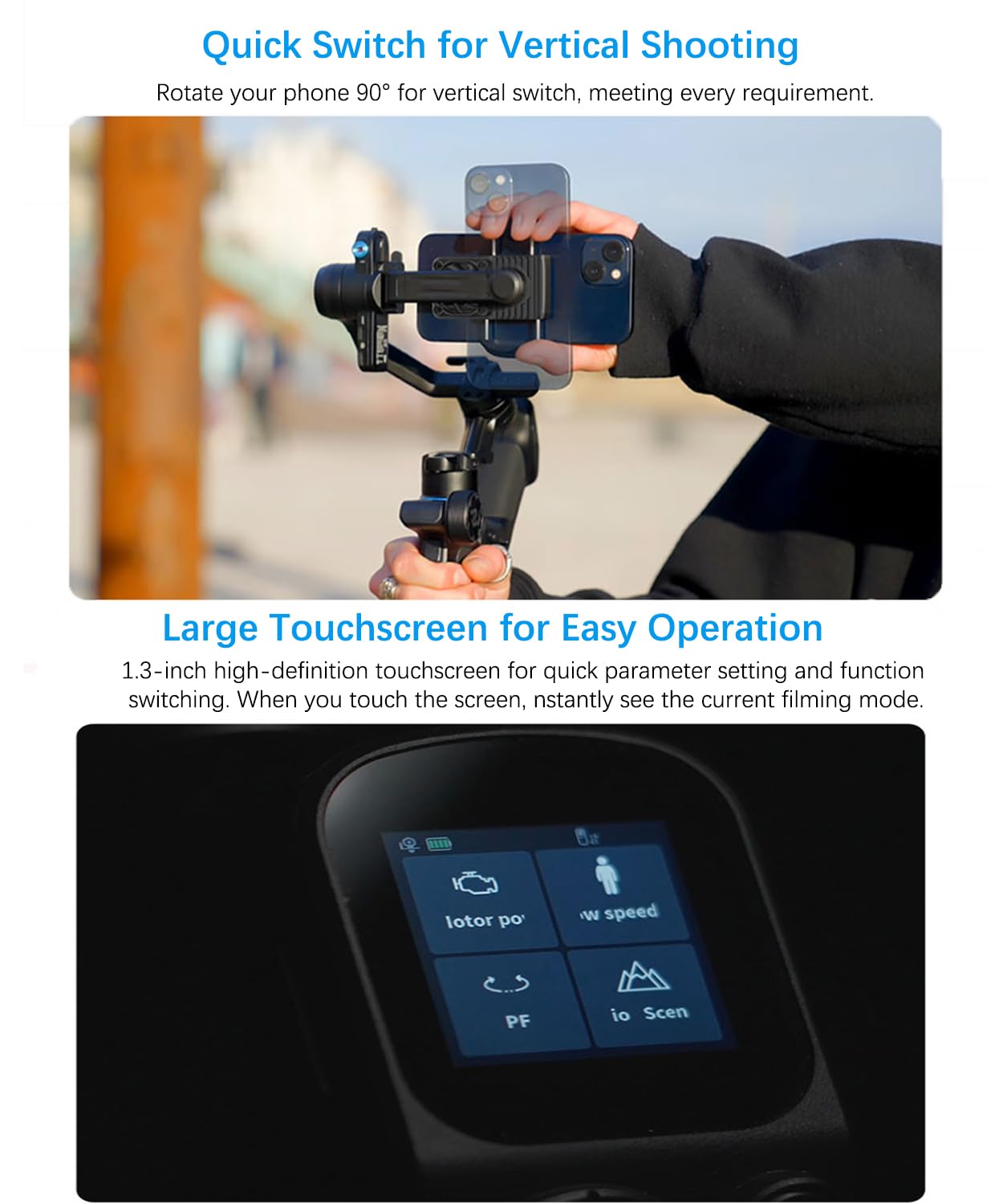 FeiyuTech Scorp Mini 3 Stabilizzatore Gimbal per iPhone Android a 3 assi con Tracciamento AI Incorporato, Carico Utile di 2KG, Ventola di Raffreddamento e Design Dell'impugnatura, Touch Screen