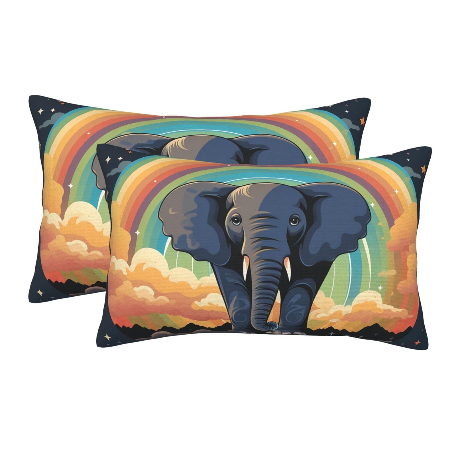 2 Pack Standard Size Pillow Cases for Hair and Skin Soft Breathable Pillow Case Covers with Hidden Zipper Cute Elephant Rainbow Pillowcase 20"x30" Pillow Cover for Sleeping Gift