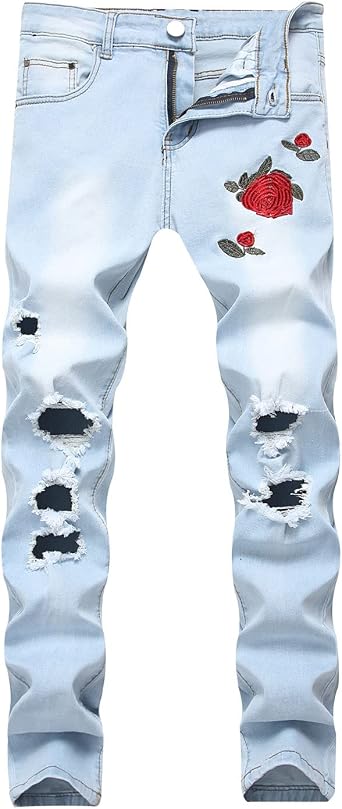 Mens Rose Embroidered Ripped Jeans Vintage Style Floral Trousers Skinny Slim Fit Distressed Fashion Stretch Pants