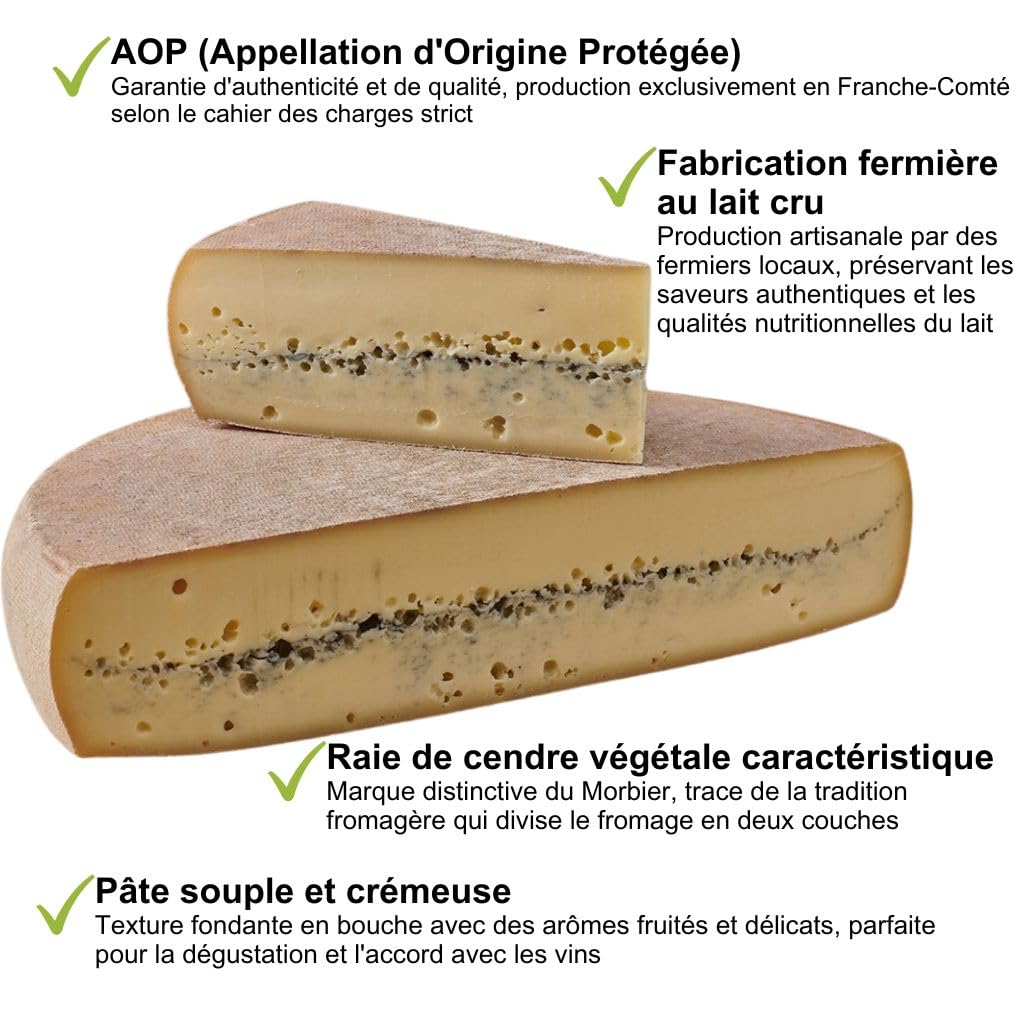 Morbier AOP fromage fermier du Haut Doubs - 500gr - Fabrication traditionnelle au lait cru de la Franche-Comté - Affinage 5-6 mois