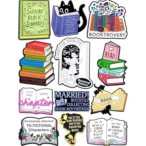 12-Pack Book Lover Enamel Pins Set – Funny Reading-Themed Metal Bookish Lapel Pins for Backpack, Jacket, Tote – Cute Collectible Gifts for Readers and Librarians