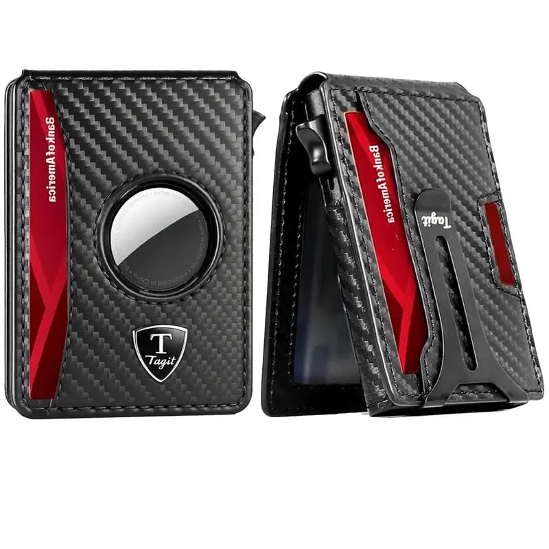 Smart Bifold Airtag Wallet for Men – RFID Blocking Pop-Up Bifold Credit Card Holder with ID Window, Slim Aluminum Case Fits 12+ Cards, Coffee Brown, Comes in a Gift Box (Carbon-Fiber Black)