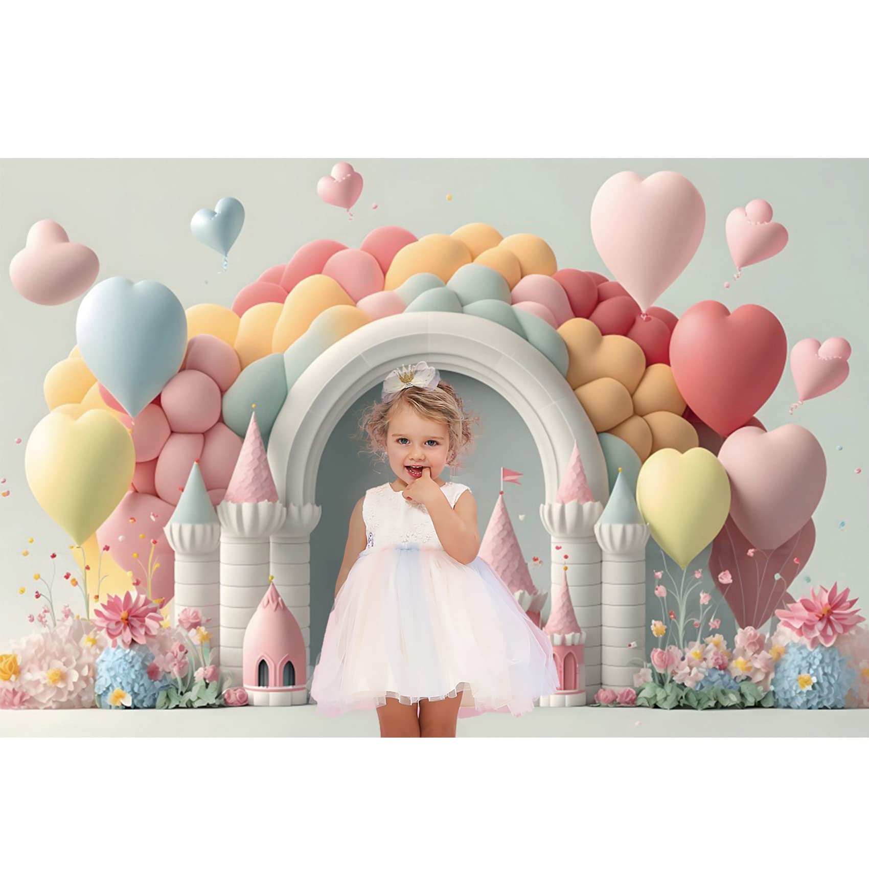 2,2x1,5m Sfondo fantasy con palloncini per neonati, arco bianco, palloncino colorato, fiore, sfondo fotografico, banner per baby shower, ragazzo, ragazza, neonato, festa di compleanno