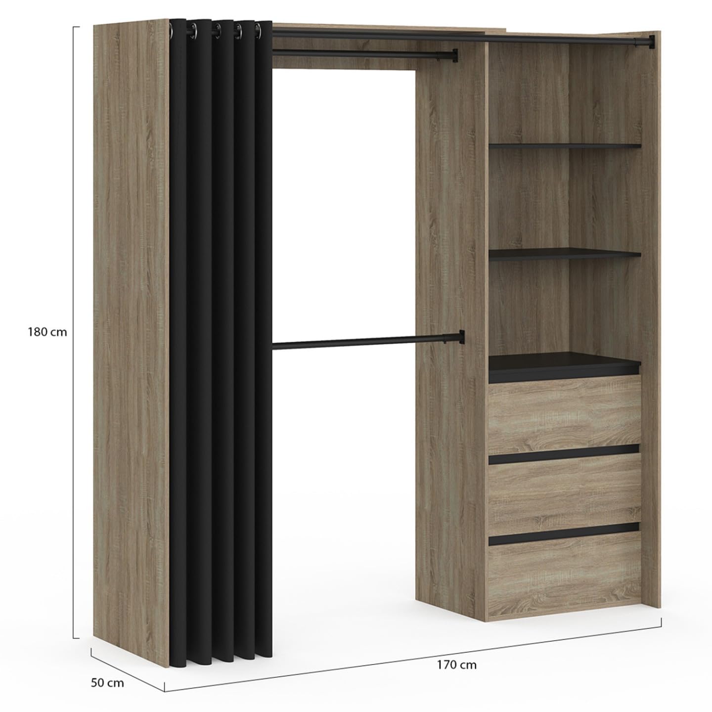 IDMarket - Dressing extensible MARTY 120/170 x 50 x 180 cm hêtre avec 3 tiroirs + étagères + double penderie + rideau noir