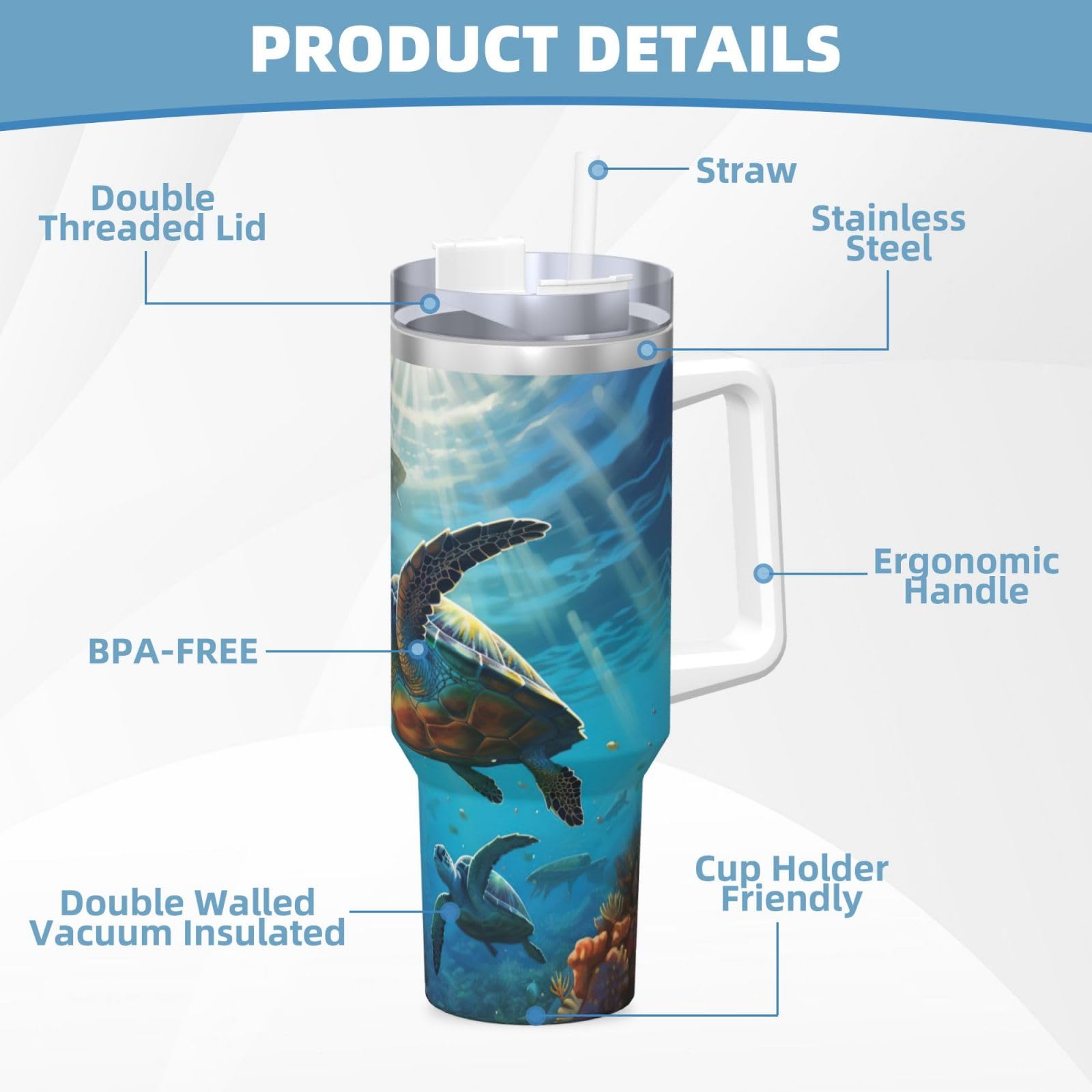 Sea Turtles Ice Bully Wasserflasche aus Edelstahl, doppelwandig, isoliert, mit Griff und Strohhalm-Deckel, 1,2 l