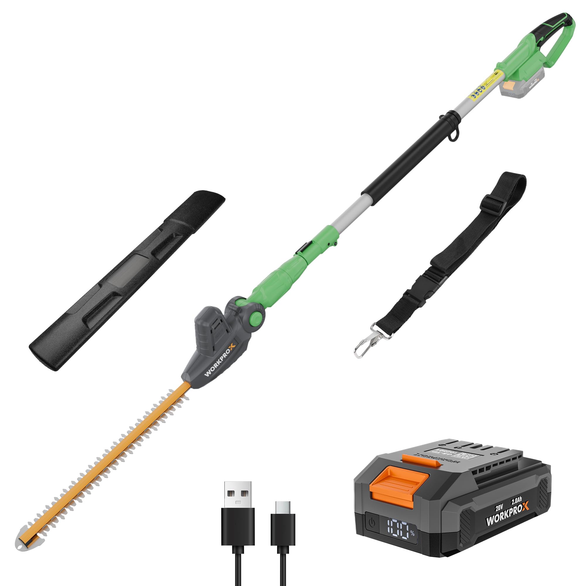 WORKPROX Cortasetos Telescópico Inalámbrica 20V, Cortasetos de Pértiga, Tijeras Cortasetos con Batería, Podar Telescópica hasta 2,8M, con Ángulos Ajustables, Longitud de Corte 45CM