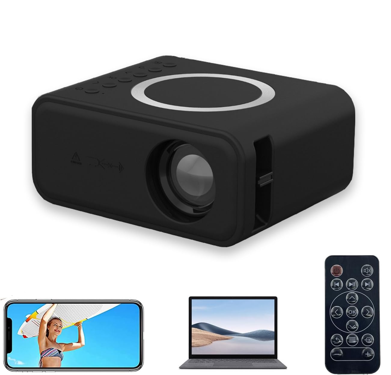 CENXI Portable Mini Projector, with wifi for iPhone android phone win10 laptop,with Remote Controller Built in Speaker wireless connect,Audio Port, Tablet USB Flash Driver Compatible (Black)