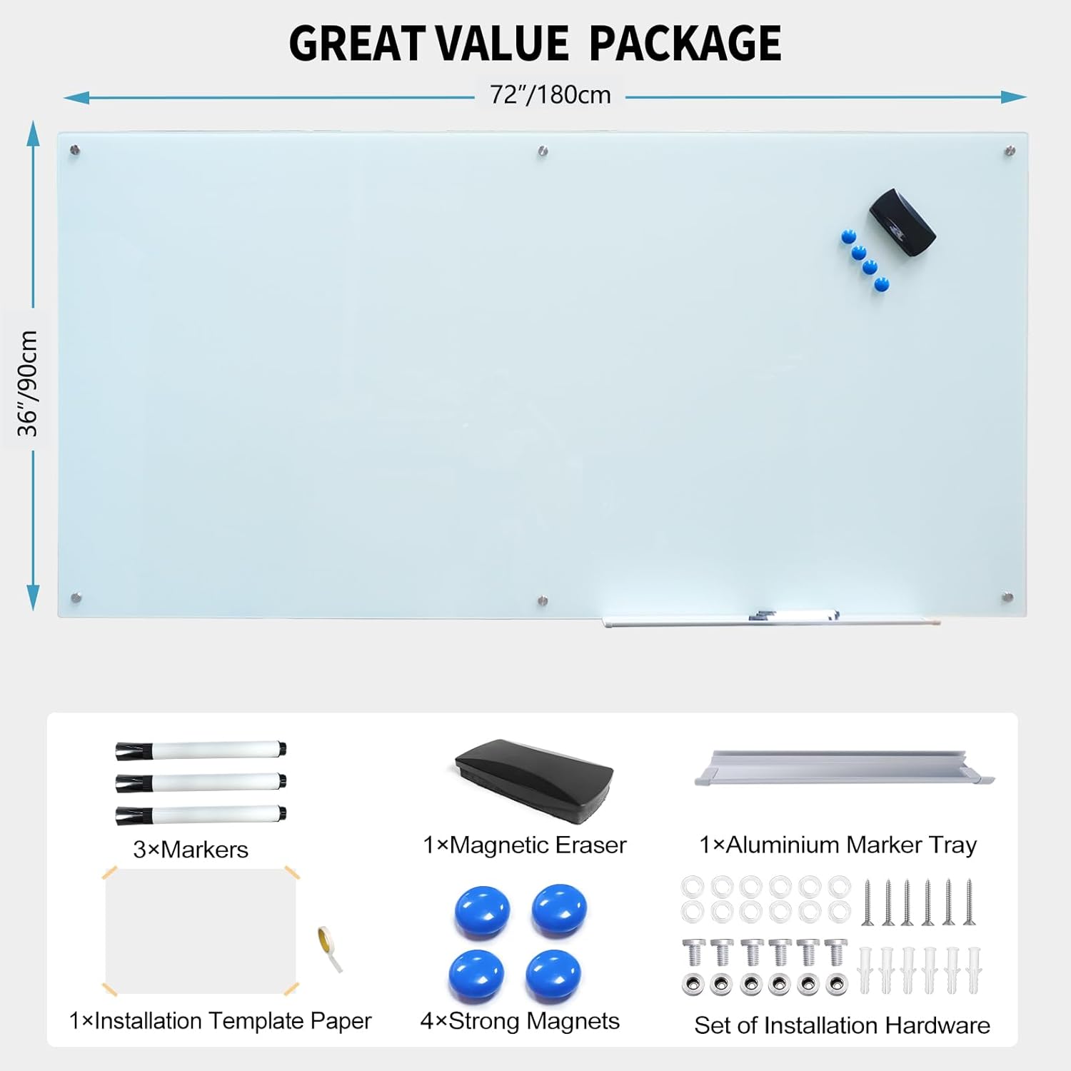 Magnetic Glass Whiteboard 36"X72" Dry Erase Board White Board Wall Mounted WritingBoard for Office School Home Accessory Tray 3 Dry Erase Marker 4 Glass Board Magnets and 1 Magnetic Eraser