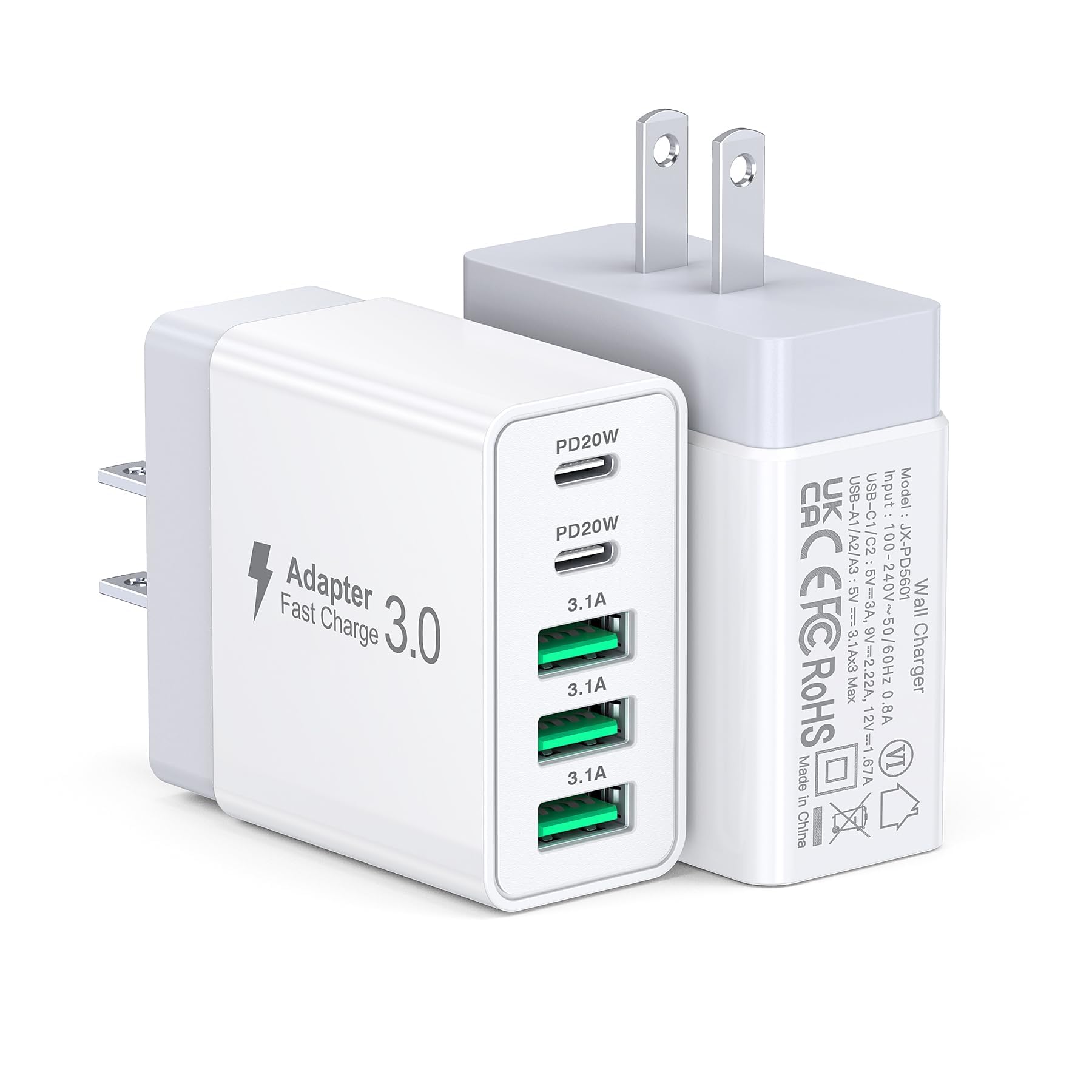 50W USB C Charger Block, 2Pack 5 Port Type C Charging Block Fast Wall Charger PD Power Adapter QC 3.0 Wall Plug Multiport Type C Charging Cube USB Brick for iPhone 16/15/14/13/12Pro Max iPad Samsung